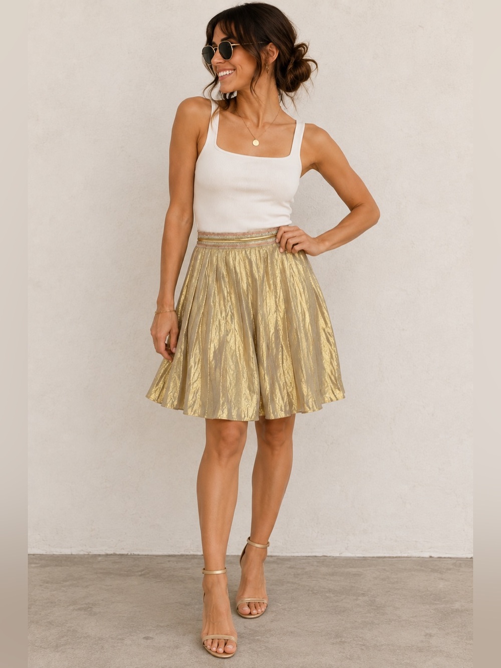 Alexia Admor Gold Metallic Pleated Skirt Silk Party Holiday Midi M